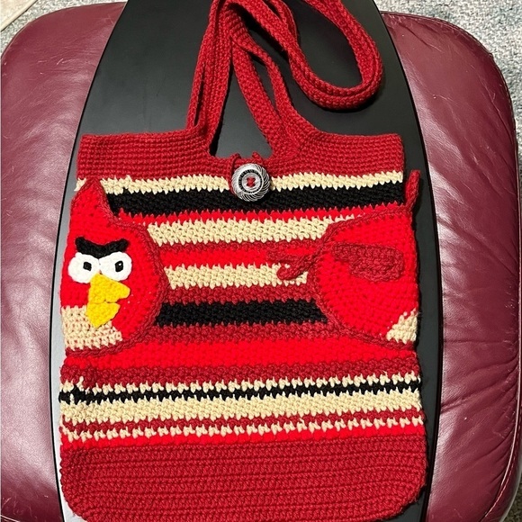 Y2K Retro ANGRY BIRDS Knit Crochet BOHO Double Strap Tote Bag Purse RARE - Picture 13 of 16